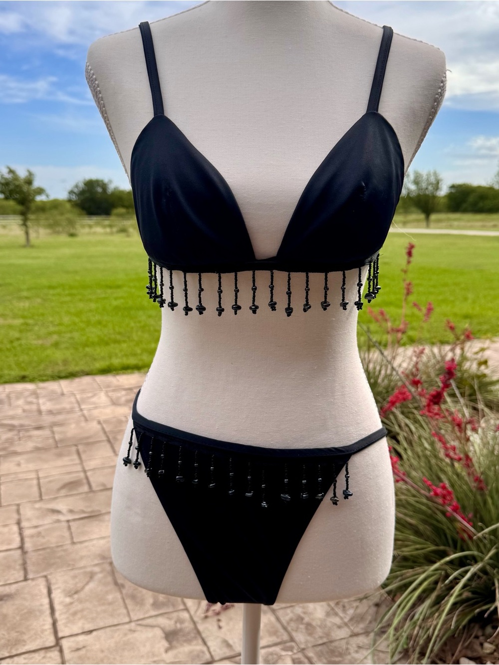 Vintage Sauvage Black Beaded Bikini Set; M